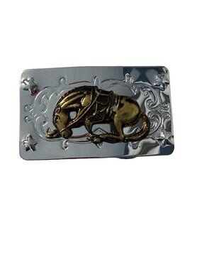 Vintage Western Horse Belt Buckle Silver Tone Gold Tone Raised Horse Made in Hon